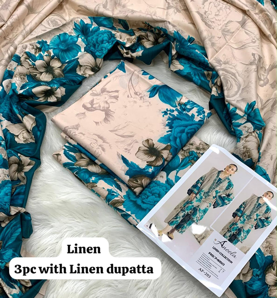 Aneela Cream Teal Floral 3Pc Unstitched Linen Suit with Linen Dupatta