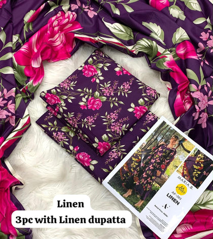 Maria B Plum Rose Garden 3Pc Unstitched Linen Suit with Linen Dupatta