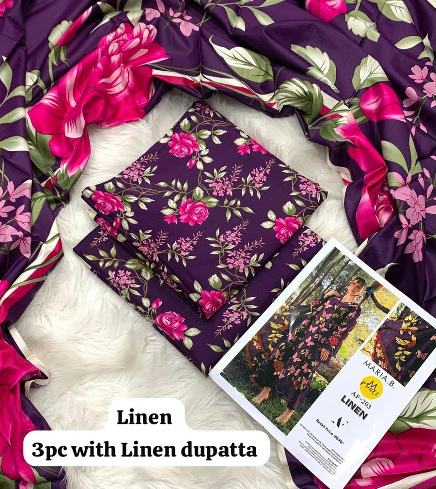 Maria B Plum Rose Garden 3Pc Unstitched Linen Suit with Linen Dupatta