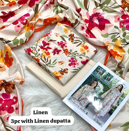 Crimson Ivory Watercolor Bouquet 3Pc Unstitched Linen Suit with Linen Dupatta
