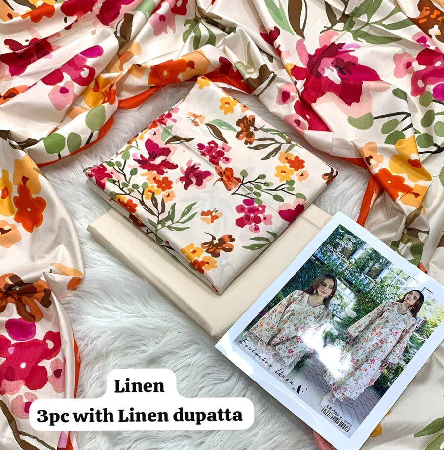 Crimson Ivory Watercolor Bouquet 3Pc Unstitched Linen Suit with Linen Dupatta