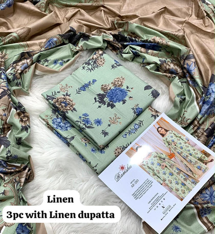 Ramsha Mint Green Botanical 3Pc Unstitched Linen Suit with Linen Dupatta