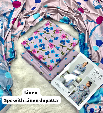 Baroque Plum Feather Leaf 3Pc Unstitched Linen Suit with Linen Dupatta