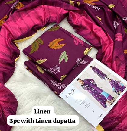 Baroque Plum Feather Leaf 3Pc Unstitched Linen Suit with Linen Dupatta