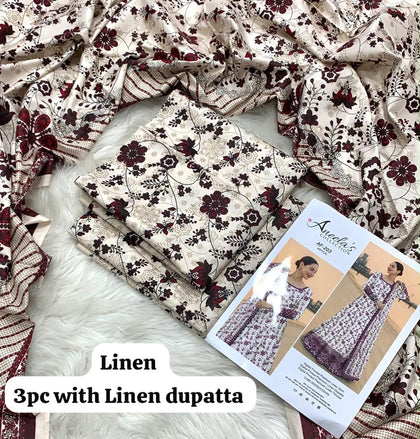 Aneela Ivory Maroon Vine 3Pc Unstitched Linen Suit with Linen Dupatta