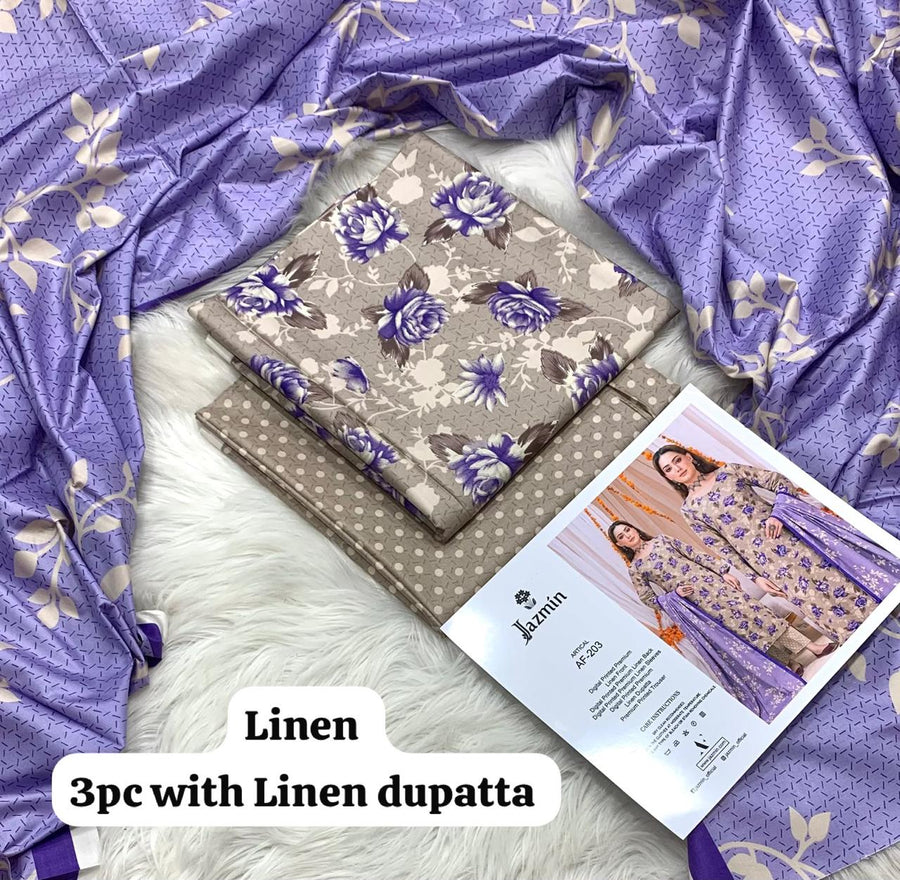 Jazmin Taupe Purple Rose 3Pc Unstitched Linen Suit with Linen Dupatta