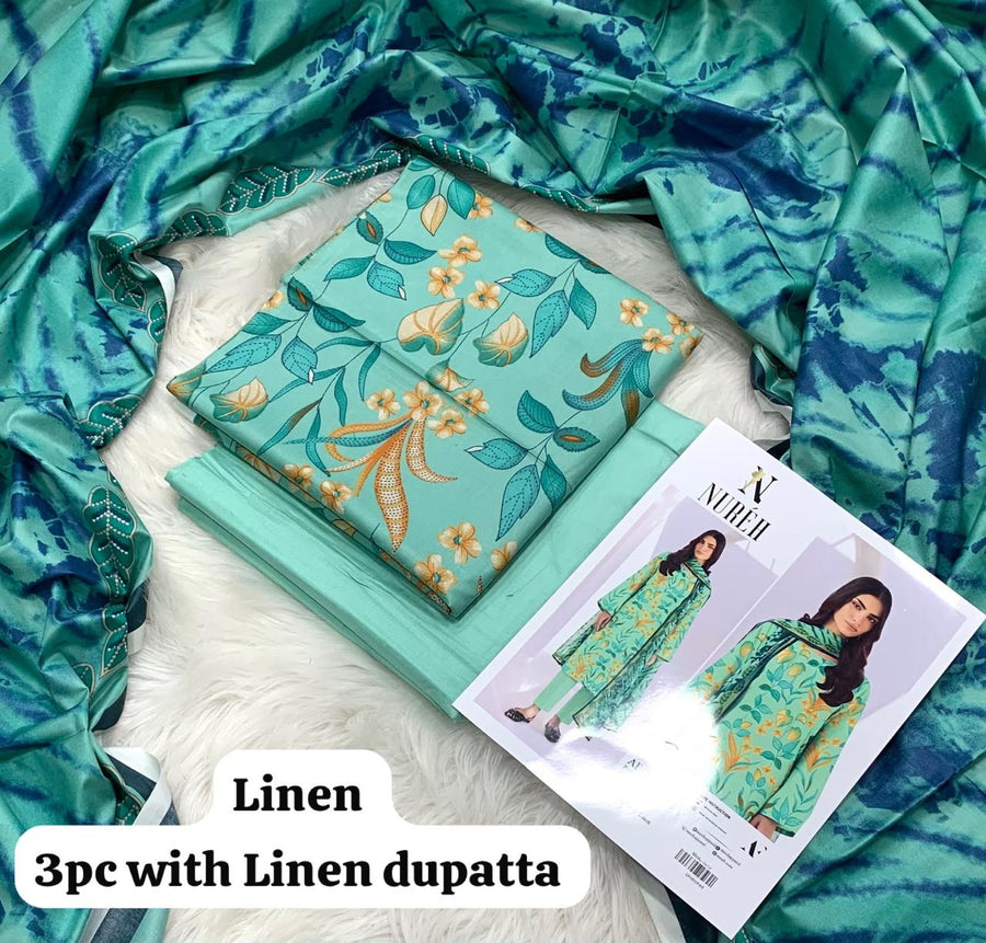 Nureh Aqua Tie-Dye Bloom 3Pc Unstitched Linen Suit with Linen Dupatta