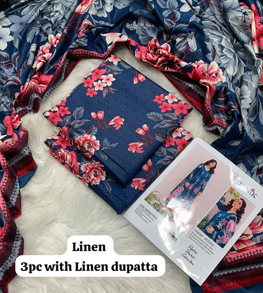 Iznik Navy Rose Bouquet 3Pc Unstitched Linen Suit with Linen Dupatta