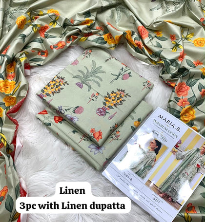 Maria B Pistachio Botanical Garden 3Pc Unstitched Linen Suit with Linen Dupatta