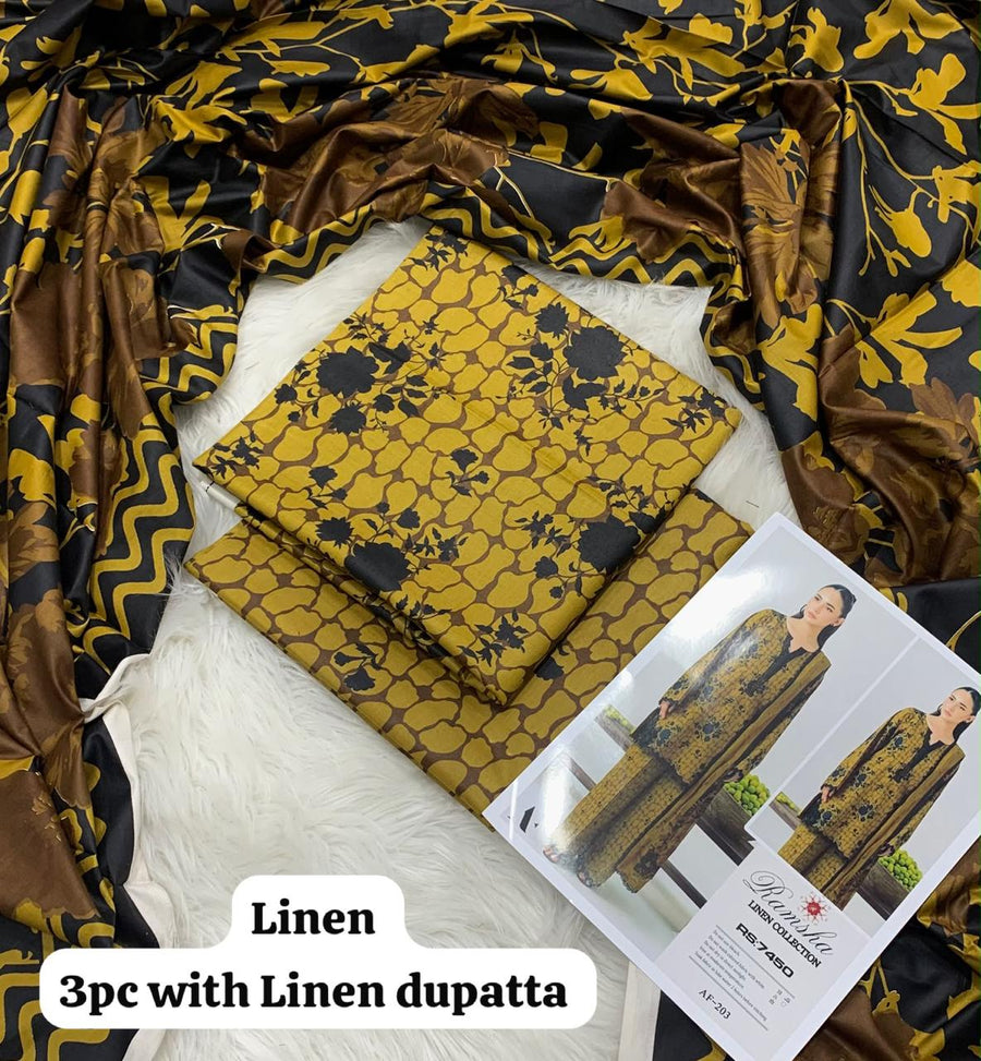 Ramsha Mustard Pebble Silhouette 3Pc Unstitched Linen Suit with Linen Dupatta