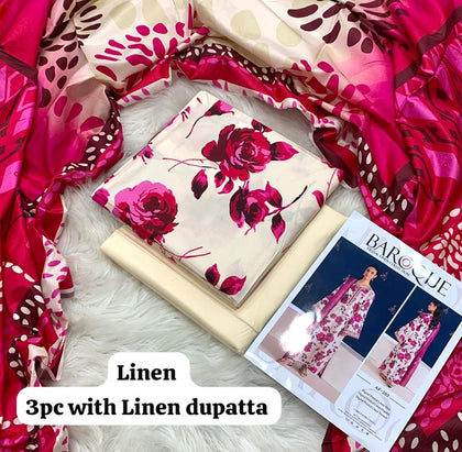 Baroque Ivory Pink Rose 3Pc Unstitched Linen Suit with Linen Dupatta