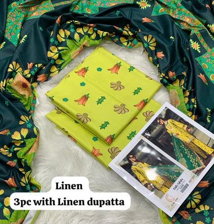 Charizma Lime Bell Flower 3Pc Unstitched Linen Suit with Linen Dupatta