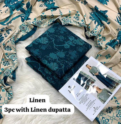 Jazmin Deep Teal Damask 3Pc Unstitched Linen Suit with Linen Dupatta