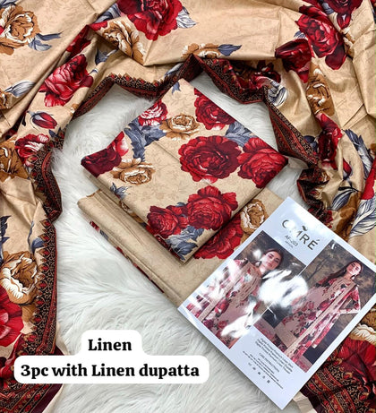Beige Red Rose Bouquet 3Pc Unstitched Linen Suit with Linen Dupatta