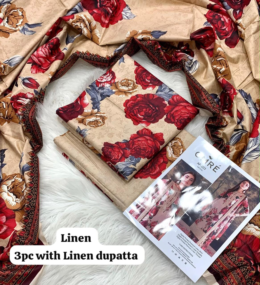Beige Red Rose Bouquet 3Pc Unstitched Linen Suit with Linen Dupatta