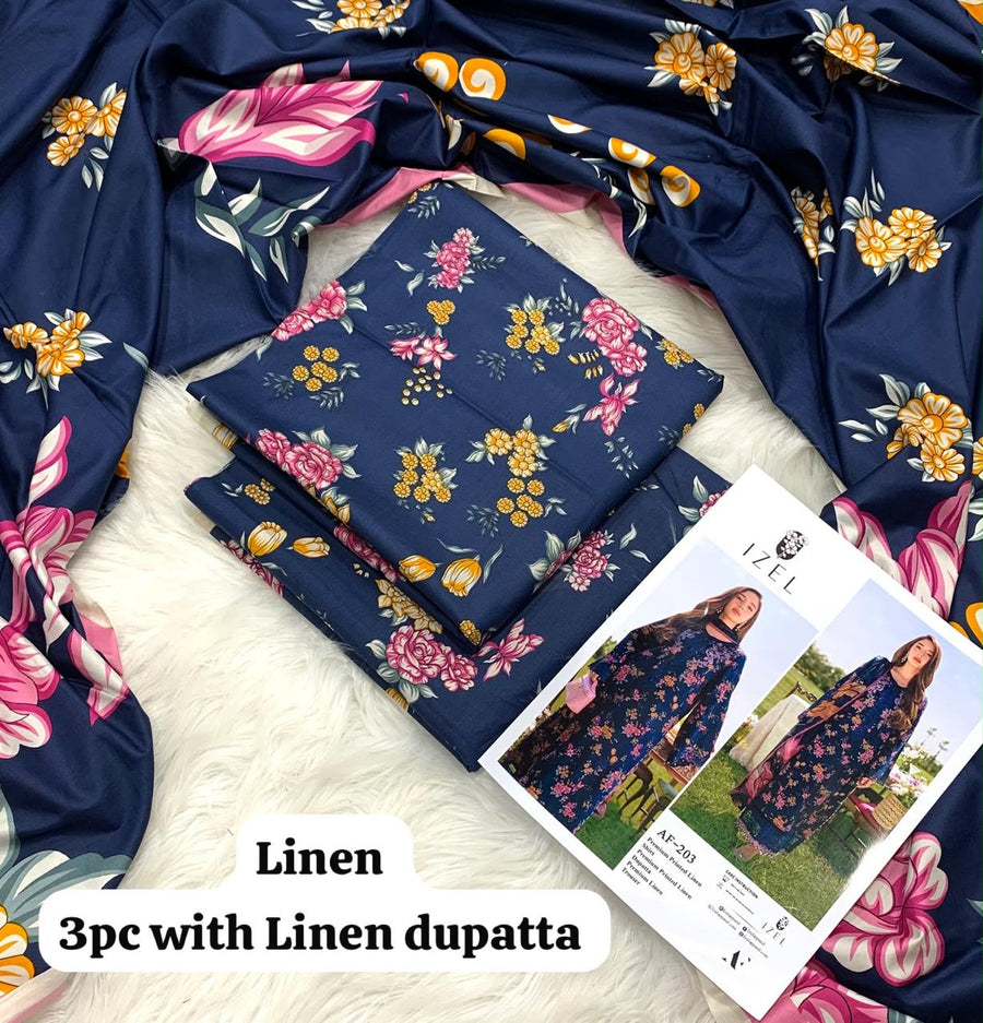 Izel Navy Rose Mustard 3Pc Unstitched Linen Suit with Linen Dupatta