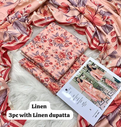 Motifz Peach Peony 3Pc Unstitched Linen Suit with Linen Dupatta