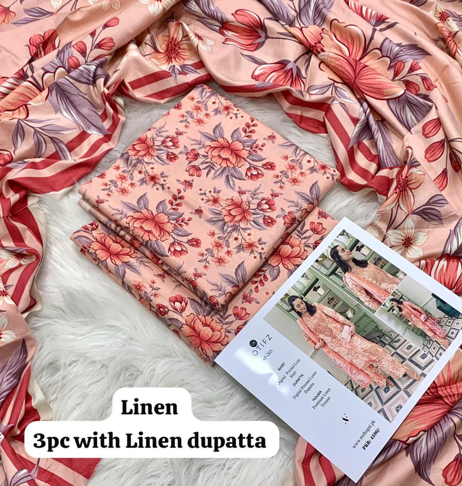 Motifz Peach Peony 3Pc Unstitched Linen Suit with Linen Dupatta
