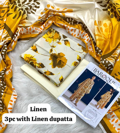 Baroque Ivory Mustard Rose 3Pc Unstitched Linen Suit with Linen Dupatta