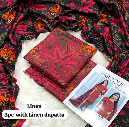 Baroque Brick Autumn Leaf 3Pc Unstitched Linen Suit with Linen Dupatta