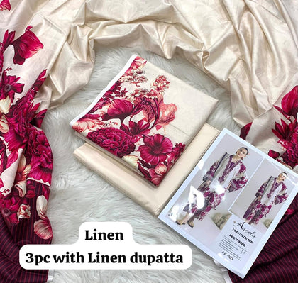 Aneela Ivory Magenta Bloom 3Pc Unstitched Linen Suit with Linen Dupatta