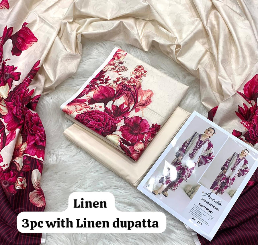 Aneela Ivory Magenta Bloom 3Pc Unstitched Linen Suit with Linen Dupatta