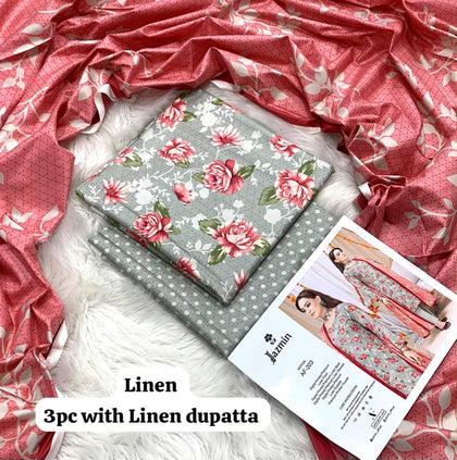 Jazmin Grey Coral Rose 3Pc Unstitched Linen Suit with Linen Dupatta