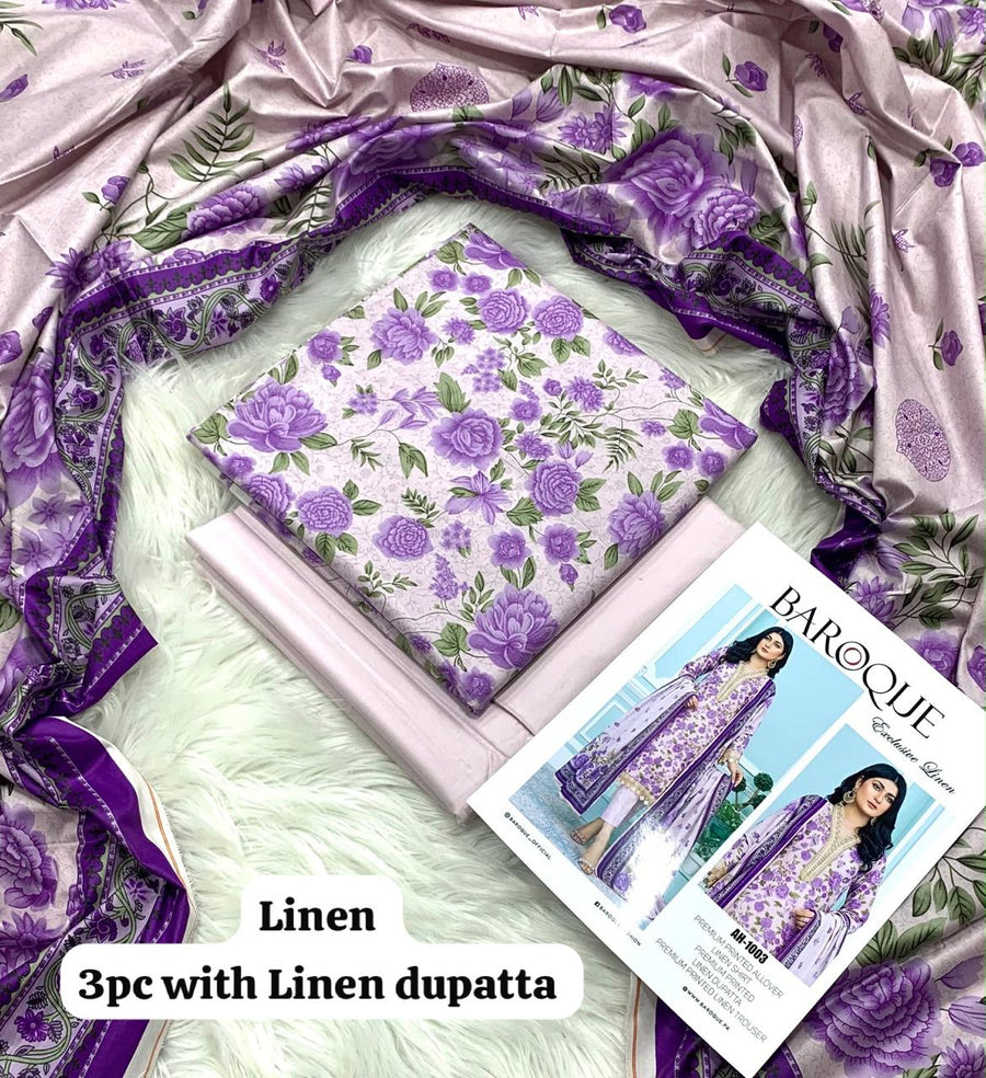Baroque Lilac Rose Garden 3Pc Unstitched Linen Suit with Linen Dupatta