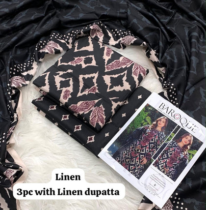 Baroque Black Ikat Diamond 3Pc Unstitched Linen Suit with Linen Dupatta