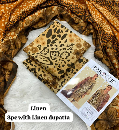 Baroque Tan Leopard Floral 3Pc Unstitched Linen Suit with Linen Dupatta