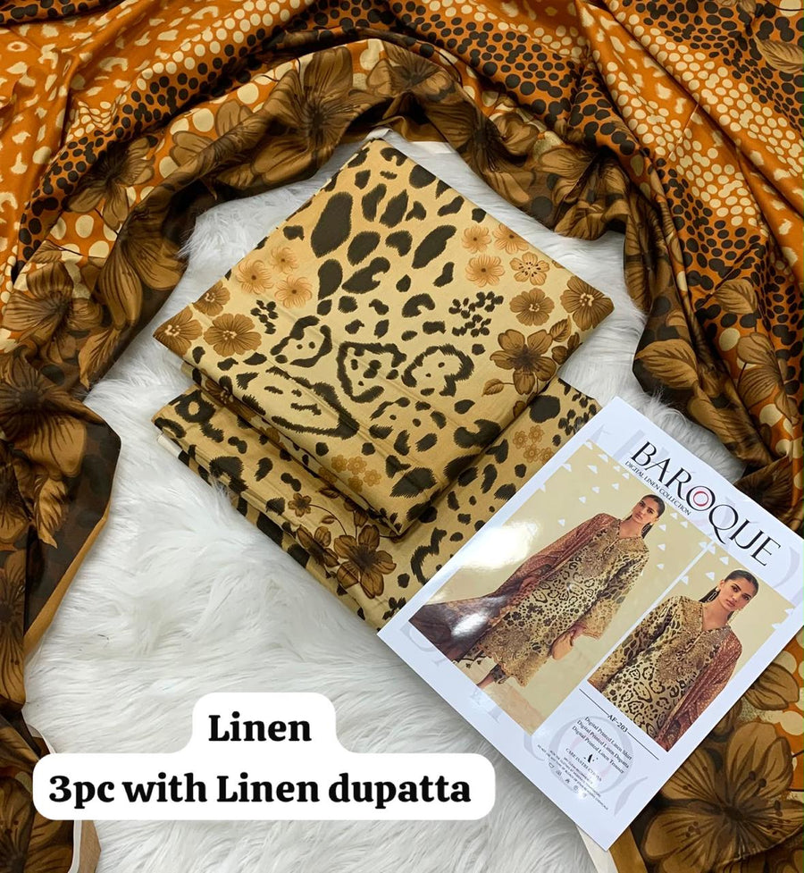Baroque Tan Leopard Floral 3Pc Unstitched Linen Suit with Linen Dupatta