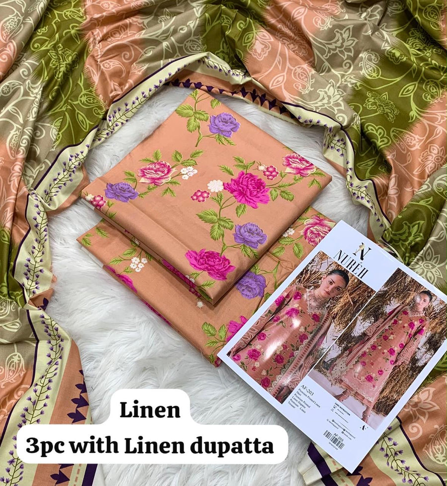 Nureh Peach Rose Trellis 3Pc Unstitched Linen Suit with Linen Dupatta
