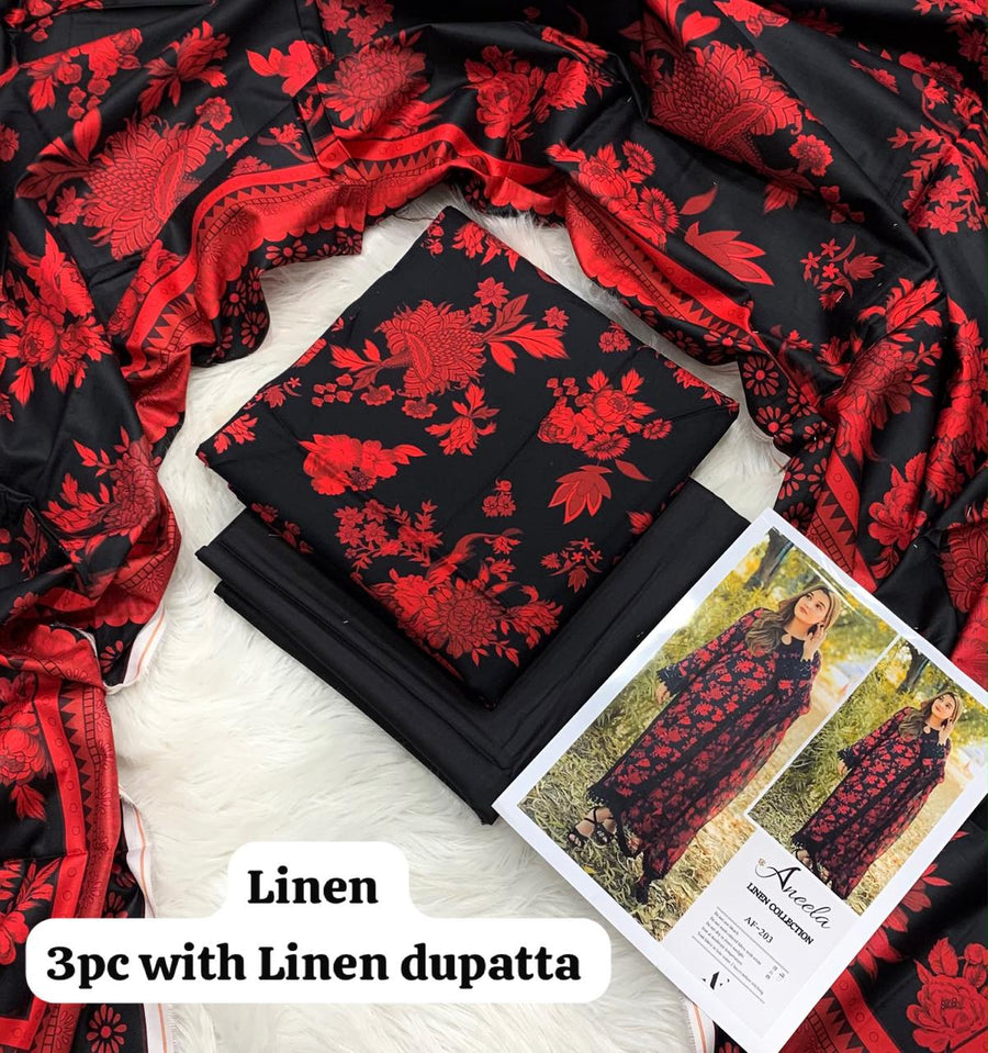 Aneela Black Scarlet Floral 3Pc Unstitched Linen Suit with Linen Dupatta