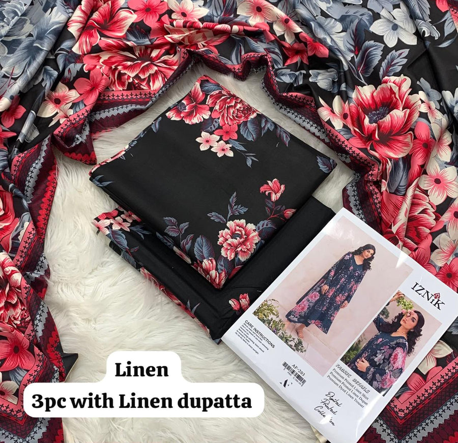Iznik Midnight Rose 3Pc Unstitched Linen Suit with Linen Dupatta