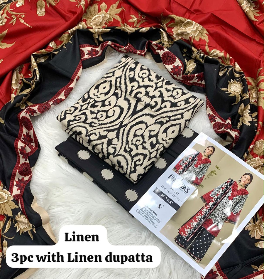 Bin Ilyas Black Damask Scarlet 3Pc Unstitched Linen Suit with Linen Dupatta