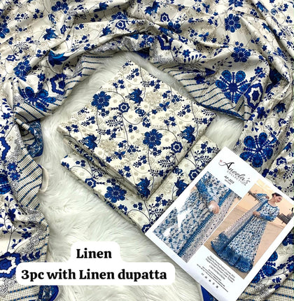 Aneela Porcelain Blue Floral 3Pc Unstitched Linen Suit with Linen Dupatta