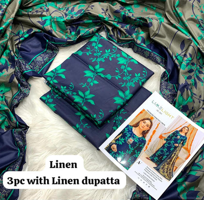 Limelight Navy Emerald Vine 3Pc Unstitched Linen Suit with Linen Dupatta