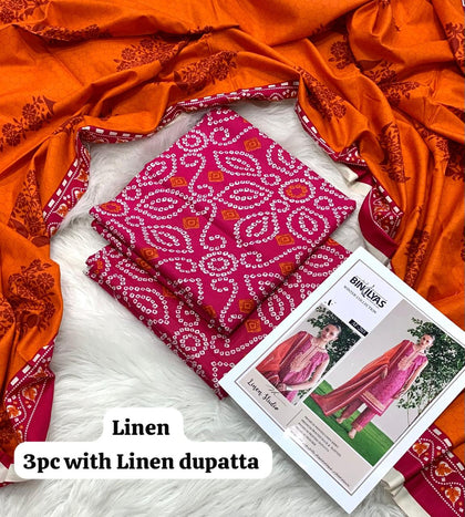 Bin Ilyas Rani Pink Bandhani 3Pc Unstitched Linen Suit with Linen Dupatta