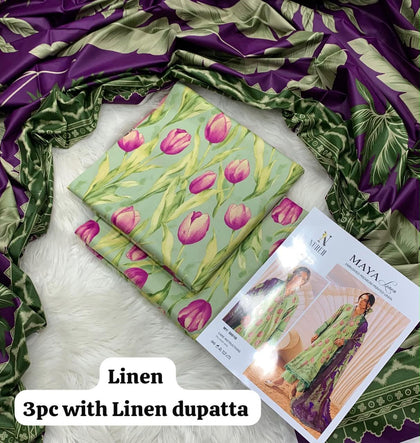 Nureh Pistachio Tulip 3Pc Unstitched Linen Suit with Linen Dupatta