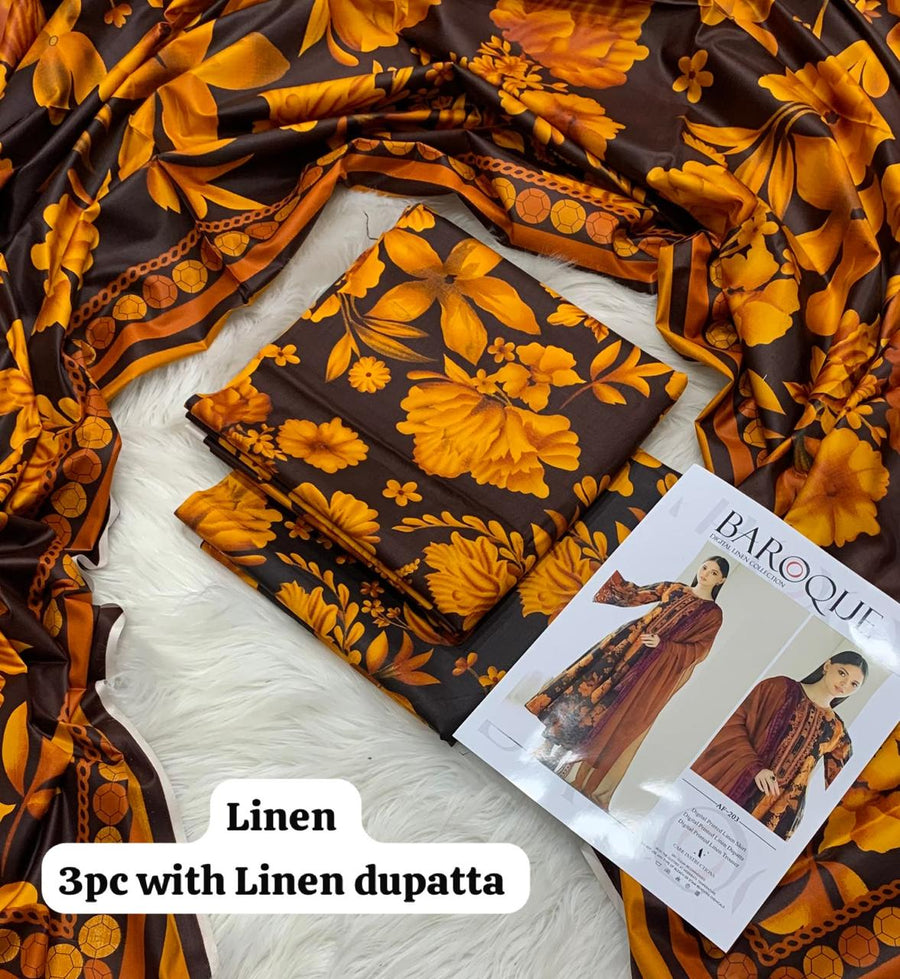 Baroque Chocolate Marigold 3Pc Unstitched Linen Suit with Linen Dupatta