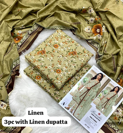 Ramsha Olive Meadow 3Pc Unstitched Linen Suit with Linen Dupatta