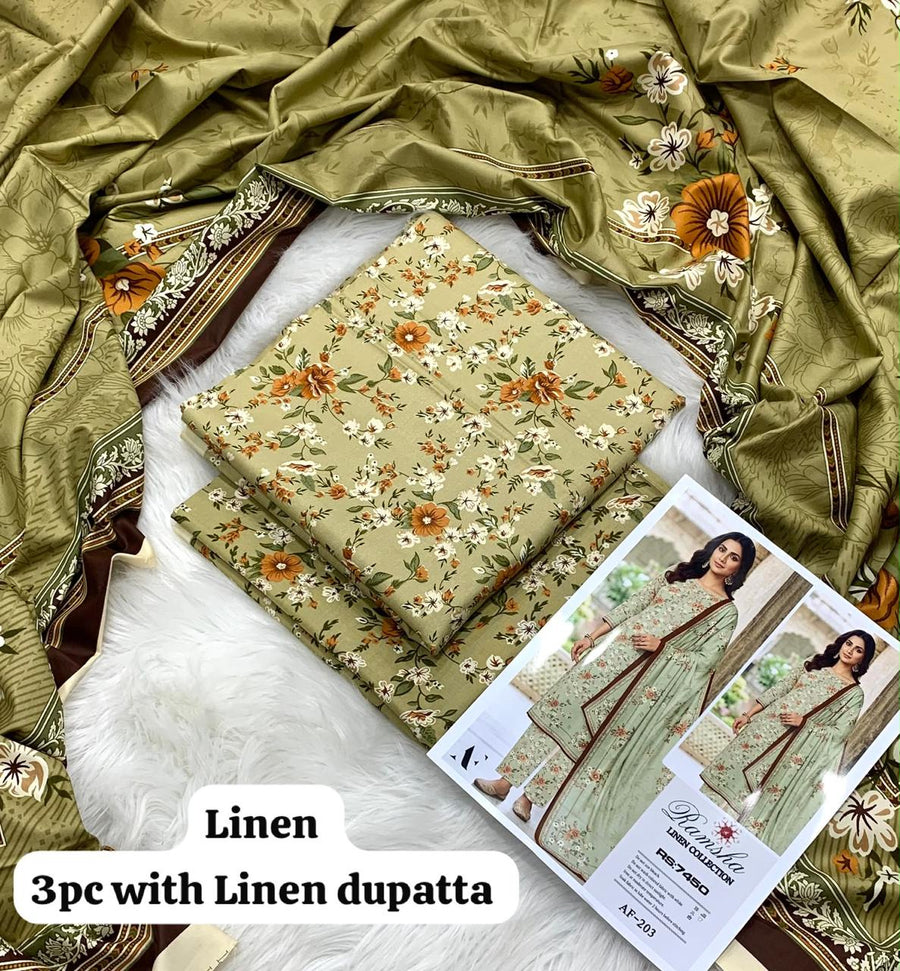 Ramsha Olive Meadow 3Pc Unstitched Linen Suit with Linen Dupatta