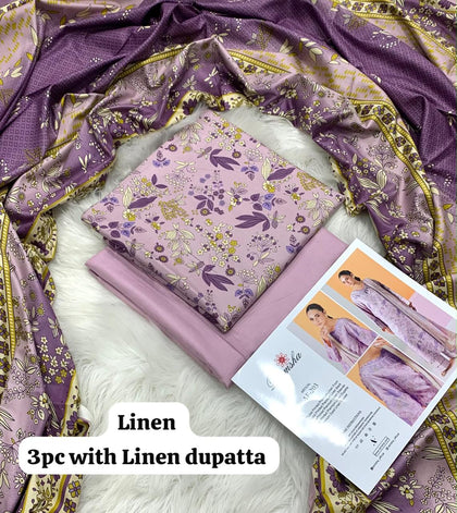 Ramsha Mauve Wildflower 3Pc Unstitched Linen Suit with Linen Dupatta