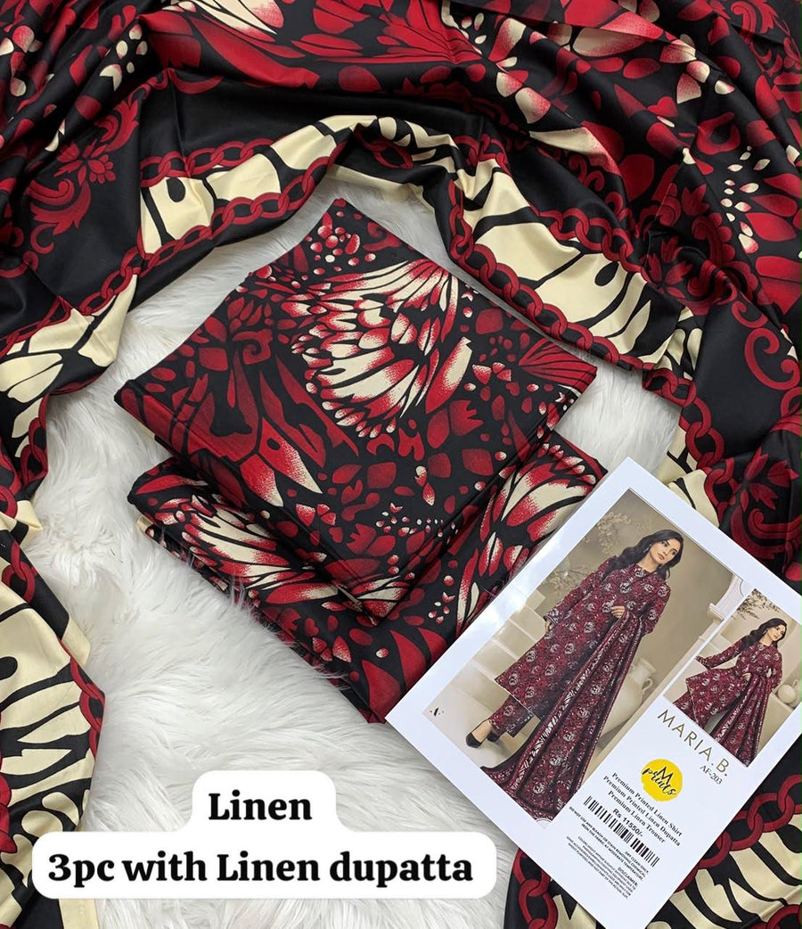 Maria B Scarlet Abstract Wing 3Pc Unstitched Linen Suit with Linen Dupatta