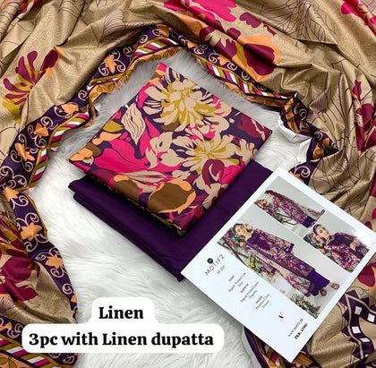 Motifz Plum Abstract Bloom 3Pc Unstitched Linen Suit with Linen Dupatta