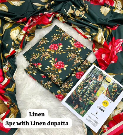 Maria B Emerald Rose 3Pc Unstitched Linen Suit with Linen Dupatta