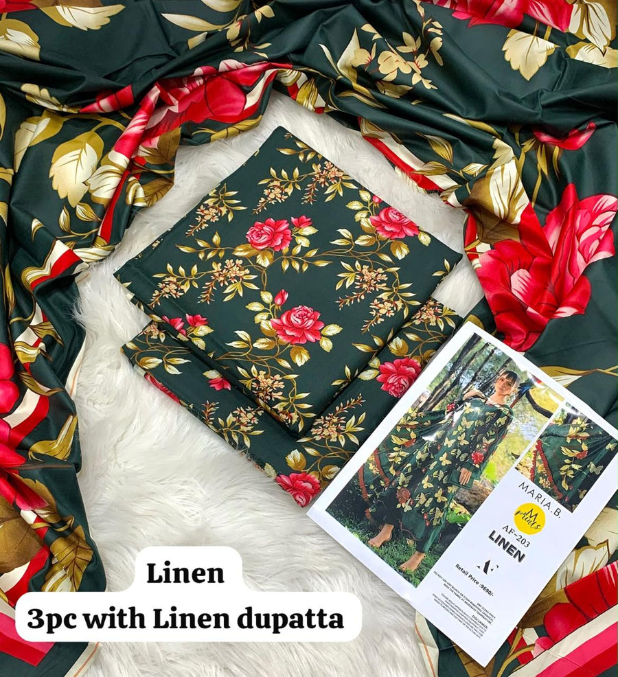 Maria B Emerald Rose 3Pc Unstitched Linen Suit with Linen Dupatta