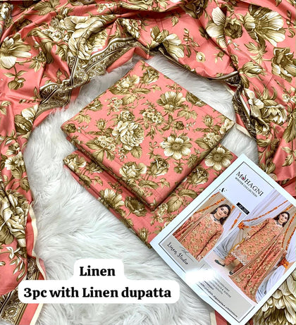 Mohagni Coral Antique Rose 3Pc Unstitched Linen Suit with Linen Dupatta