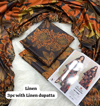 Ramsha Espresso Chrysanthemum 3Pc Unstitched Linen Suit with Linen Dupatta