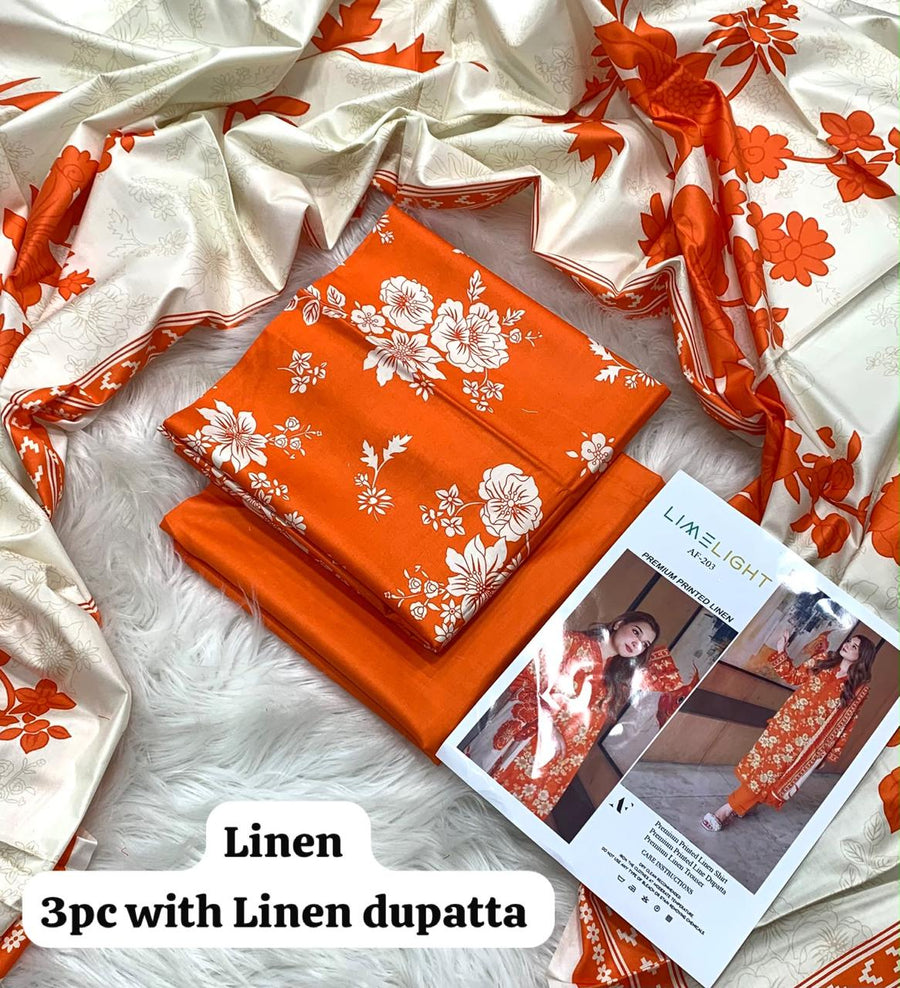 Limelight Tangerine Blossom 3Pc Unstitched Linen Suit with Linen Dupatta